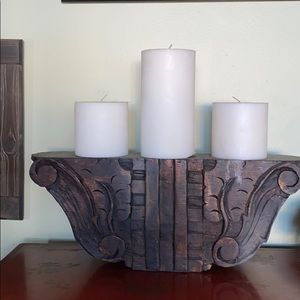 Large heavy solid  wood carved candle holder